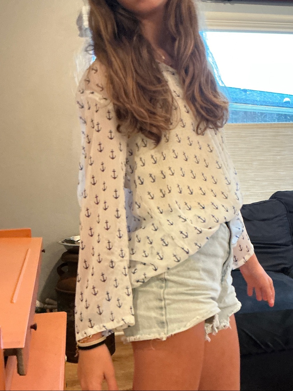 Lightweight White Anchor-Print Long-Sleeve coverup top